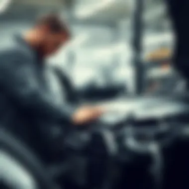 A mechanic inspecting an Audi engine in a workshop