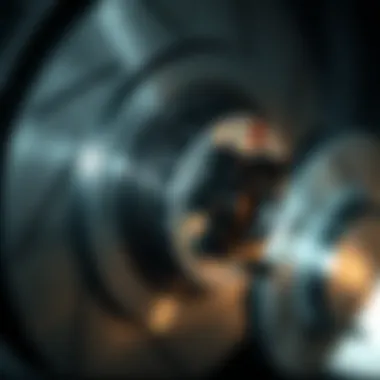 Close-up of brake pads and rotors highlighting wear and tear