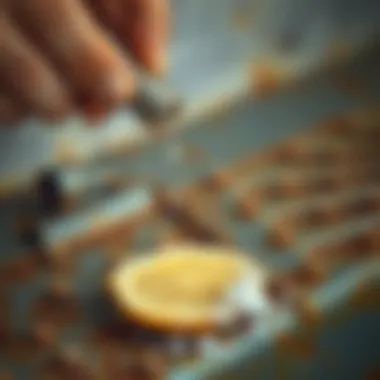 Applying a paste of salt and lemon on rusty surface