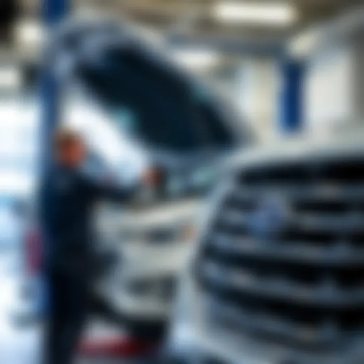 A technician performing maintenance on a Ford vehicle in the Labadie Ford service center.