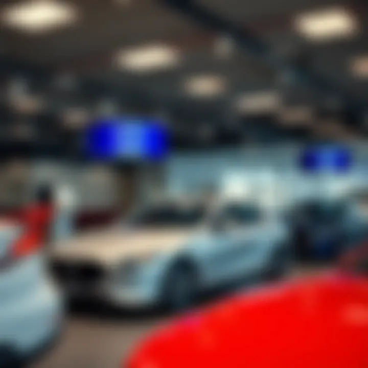 Interior of a Mazda dealership with a selection of vehicles and customer lounge area