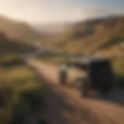 A scenic view of a Jeep navigating through the Kansas City landscape