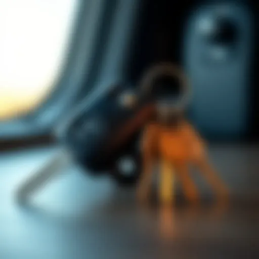 A close-up view of a Fleetwood RV ignition key next to a set of house keys.