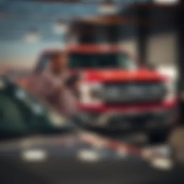 A buyer reviewing paperwork while considering a used Ford truck