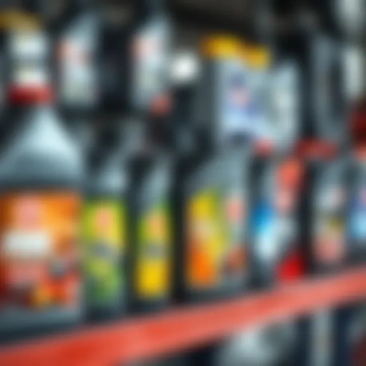 Various oil types displayed on a garage shelf