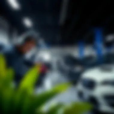 Service department with professional technicians working on vehicles