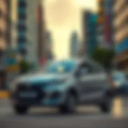 A sleek Suzuki Alto parked against a vibrant city backdrop
