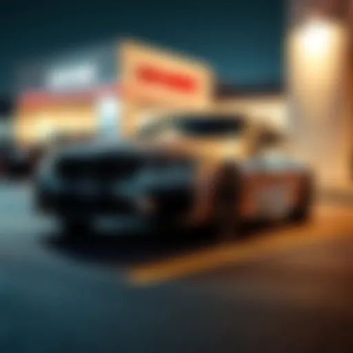 A luxurious car parked outside a dealership