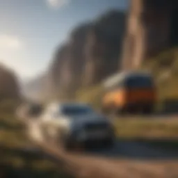 Robust SUV towing a trailer through a scenic landscape